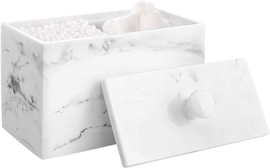 Luxspire Cotton Swab Holder, Qtip Holder Dispenser with Lid, 2 Compartments Cotton Ball Organizer, Bathroom Container for Cotton Round, Floss, Marble Bathroom Accessories - Ink White
