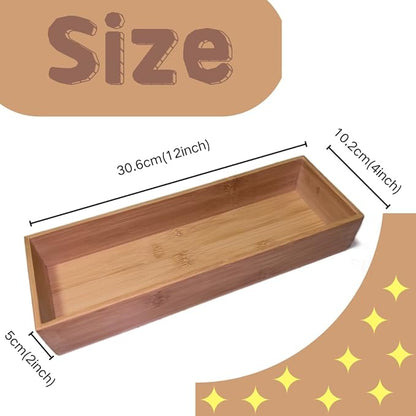 Bamboo Drawer Organizer, 12"x4"x2" Silverware & Cutlery Tray for Kitchen, Multi-Purpose Storage Box for Dresser Makeup Tools, Office Desk Supplies & Accessories