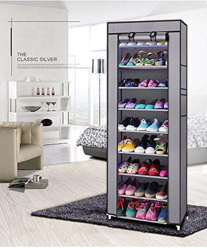 10-Tier Non-Woven Fabric Shoe Rack, Large Shoe Shelf, 2 Side Pockets Shoes Storage Cabinet Organizer with Dustproof Cover for Closets, Bedrooms, Garages, Grey