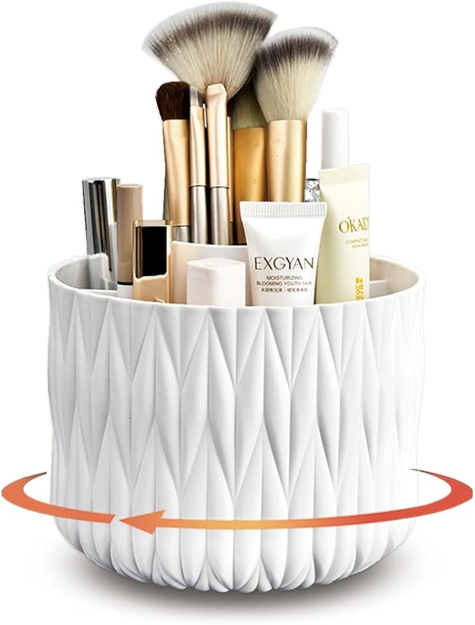 Rotating Makeup Brush Holder - White 5 Slot 360° Spinning Organizer for Vanity Desk, Cute Aesthetic Storage for Women, Multi-purpose Pen Pencil Caddy for Office Home Art Supplies