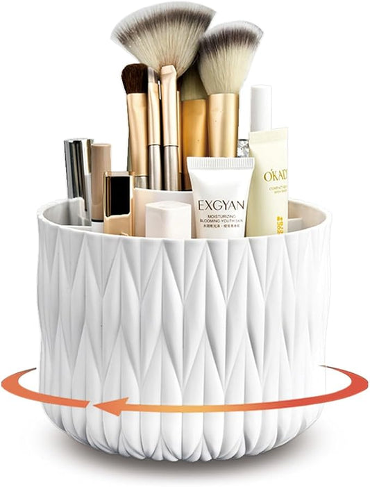 Rotating Makeup Brush Holder - White 5 Slot 360° Spinning Organizer for Vanity Desk, Cute Aesthetic Storage for Women, Multi-purpose Pen Pencil Caddy for Office Home Art Supplies