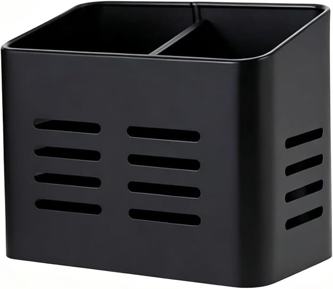 Kitchen Utensil Holder for countertop, 2 Compartment Caddy & Organizer for Drying Cooking Spoons Utility Sturdy Home Kitchen Daily Use Utensil Drainer (Black)