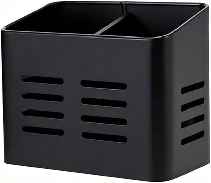 Kitchen Utensil Holder for countertop, 2 Compartment Caddy & Organizer for Drying Cooking Spoons Utility Sturdy Home Kitchen Daily Use Utensil Drainer (Black)