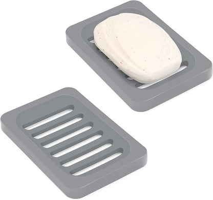 Topsky 2Pcs Soap Dish Holder, Non-Slip Bathroom Accessories Silicone Soap Case Saver, Sink Deck Bathtub Shower Dish Soap Drainer, Silicone Holder for Soap, Sponges, Scrubber (Grey-2pcs)