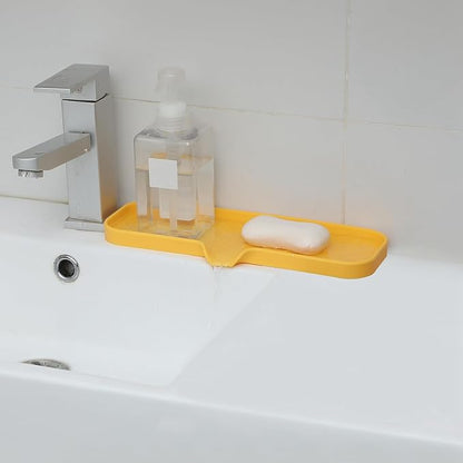 MicoYang Silicone Bathroom Soap Dishes with Drain Spout-Bathroom and Kitchen Sink Organizer,Sponge Holder,Dish Soap Tray,Perfect for Dispenser,Scrubber,Bottle,Cup on Sink or Counter-Yellow 12"×4"