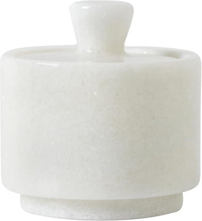 Natural Marble Salt Cellar with Lid, Stone Salt Bowl,Spice jar,Handcrafted Seasoning Storage Box for Kitchen Counte (White)