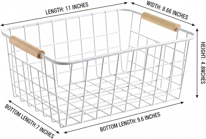 White Metal Wire Food Storage Basket with Wooden Handles for Organizing Snack Basket,Pantry Organizers and Storage for Kitchen Cabinets 4 Pack (Medium)