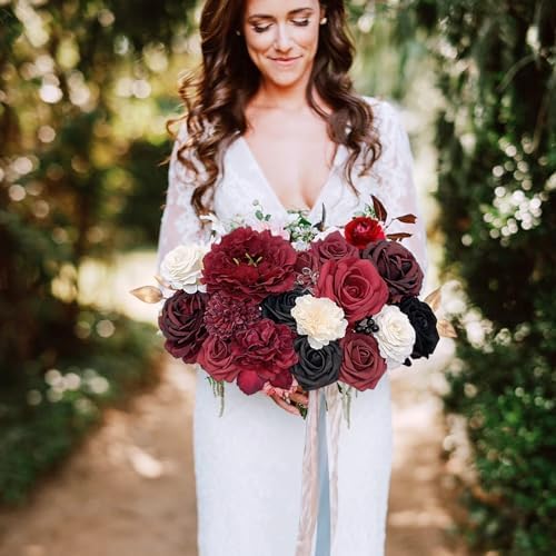 FACINOC Roses Artificial Flowers Burgundy Black Fake Flower Bulk with Stems - Image 4