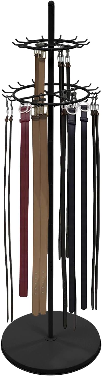 Floor Standing Belt Display, Tie Rack Floor Mounted Belt Hanger Belt Display Shelf Purse Hanger Stand Scarf Stand Adjustable Feet for Home, Boutiques, Clothing Stores, Retail Stores (Black)