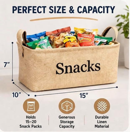 Snack Storage Bin for Pantry - Burlap storage basket for organizing your chips, popcorn, candy, pretzels and more. Kitchen container for treats. Great for movie night or for kids to grab and go.