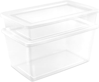 Sterilite 6 Pack Storage Box, 41 Quart Stackable Tote, Clear Plastic Container with Secure Snapping Lids for Home and Office Organization, White