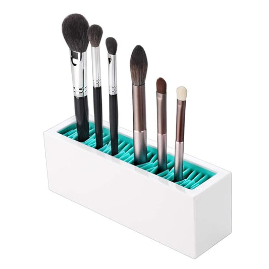 JAMEND CLXP Makeup Brushes Holder Organizer, Silicone Vanity Air Drying Rack Display Storage for Brush, Eyeliners and More, Practical Cosmetic Tools Container (Blue-White)