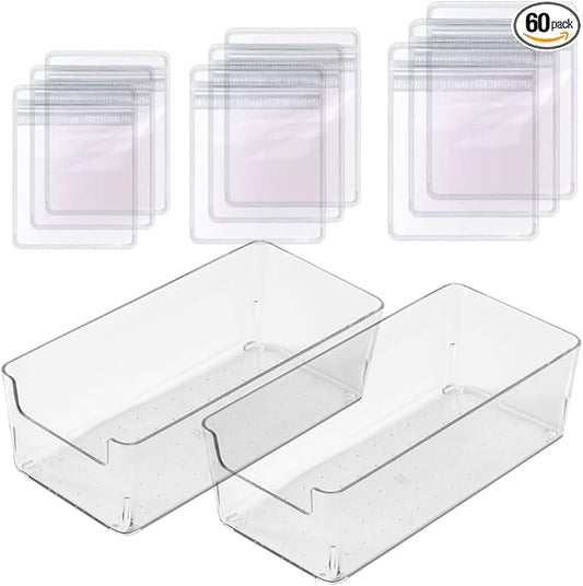 2 Pack Acrylic Organizers Cases Jewellery Storage Box 60 Pack PVC Clear Jewelry Anti Oxidation Zipper Bags for Packaging Earring Rings Necklace Large Space Jewellery Case Anti-oxidation Bag