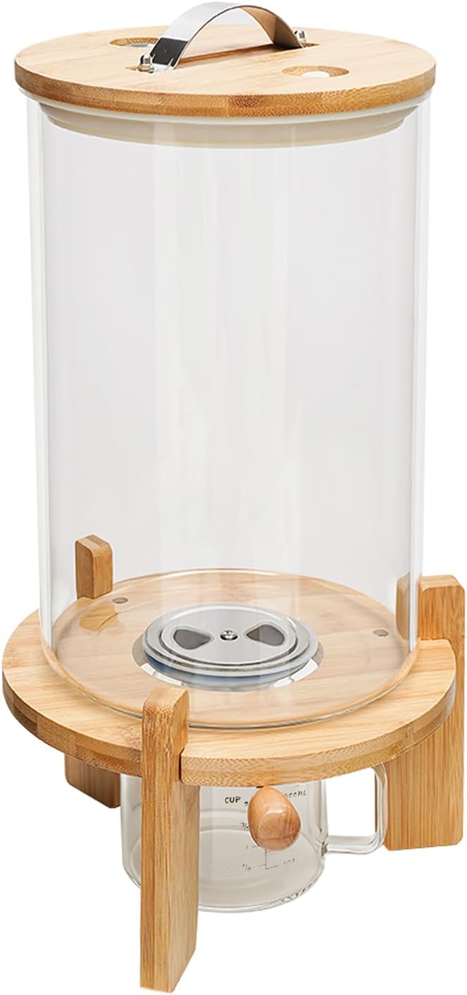 DYNAMI 7.5L/2Gal Glass Rice Dispenser with Airtight Lid,Glass Cereal Dispenser w/Bamboo Stand and Measuring Cup,Bamboo Lid with Thermometer & Silicone Seal Ring,for Kitchen Organization Pantry Store