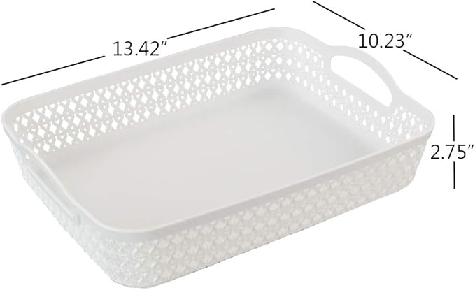 6 Packs Large Plastic Storage Tray Baskets with Handles for Organizing, White