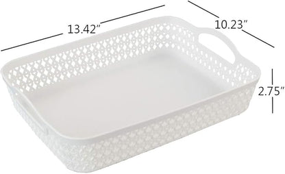 6 Packs Large Plastic Storage Tray Baskets with Handles for Organizing, White