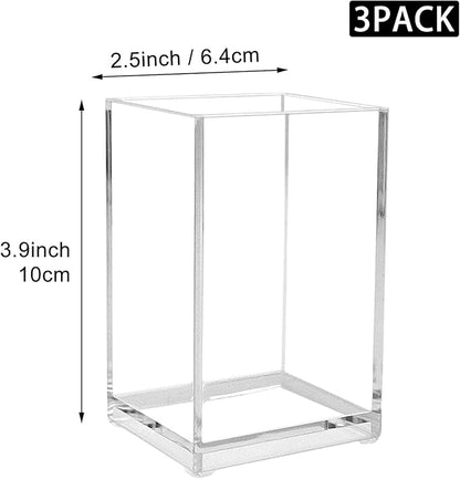Cerpourt 3 Pack Clear Acrylic Makeup Brush Holder,Acrylic Cosmetic Brushes Storage Organizer,Pencil Pen Holder Cup for Desk,Modern Design Desk Accessories for Office School Home Supplies