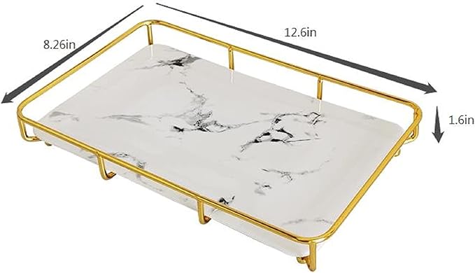 Dobbyby Vanity Tray Makeup Organizer Cosmetics Storage Bathroom Skincare Organizer Countertop Display Rack in Dresser Stainless Steel Shelf Marble Print Ceramic Trays