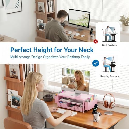 OPNICE Desk Organizers and Accessories, Computer Monitor Stand Riser with Drawer and 2 Pen Holders, Printer & Laptop Stand, Office Desk Accessories & Workspace Organizers for Home Office Supplies, Pink - Image 4