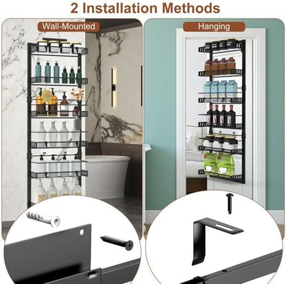6-Tier Over the Door Organizer, Heavy Duty Metal Pantry Door Rack, Hanging Storage Shelf for Kitchen, Over The Door Spice Rack & Pantry Organizer, 6-Shelf Metal Hanging Storage (Black)