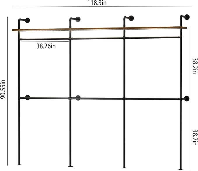 Industrial Pipe Clothes Racks with LED Lights& Shelves, 118" Wall Mounted Clothing Rack for Hanging Clothes, Heavy Duty Industrial Pipe Shelving for Walk-in Closet, Black