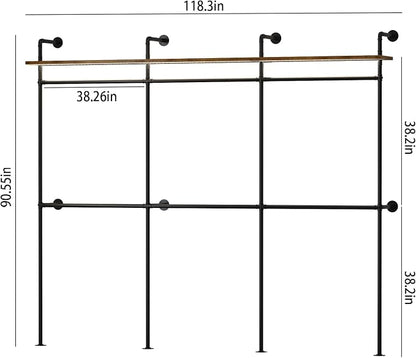 Industrial Pipe Clothes Racks with LED Lights& Shelves, 118" Wall Mounted Clothing Rack for Hanging Clothes, Heavy Duty Industrial Pipe Shelving for Walk-in Closet, Black