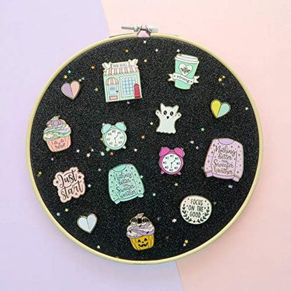 Round Badge Brooch Display Wall Hanging Pin Display Glitter Board Jewelry Storage Pin Collection Banner with Bamboo Hoop for Enamel Pins Buttons and Labels (Black-Faux Leather)