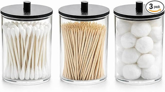 3 Pack Qtip Holder Dispenser for Cotton Swabs, Balls, Pads,Floss Picks- Bathroom Small Clear Plastic Canister Apothecary Jar Set Essentials Accessories Decor,Vanity Storage Organizer