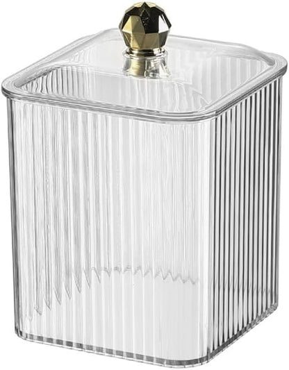 Clear Qtip Holder Dispenser for Cotton Ball and Swab Plastic with Lid Translucent Square Shape Canister Cube Jar for Bathroom Living Room Bedroom Vanity Makeup Organization (Tranparent*2)