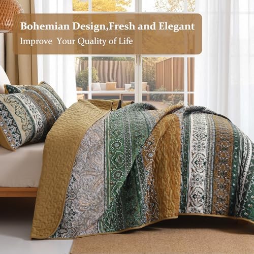 WONGS BEDDING Boho Quilt Queen Size,3 Pcs Bedspread Set, Brown Green - Image 3