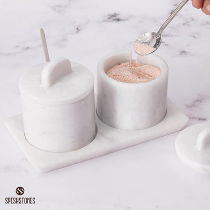 Marble Salt Cellar White 4 Inch Salt Jar with Lid, Table Salt Containers for Countertop, Salt Dish, Salt Holder, Spice Jars, Sugar Bowl, Seasoning Container Set of 2, Salt Dispenser