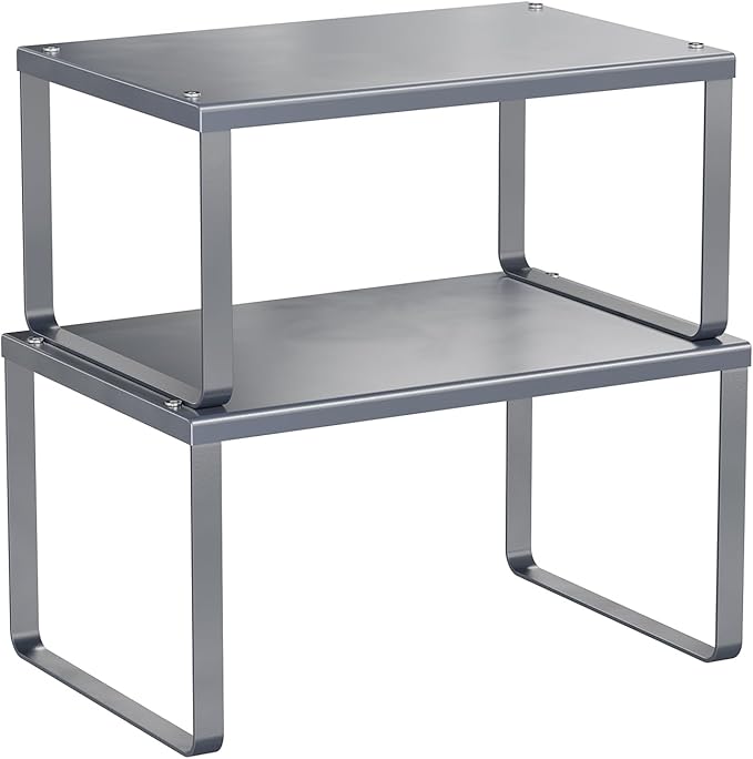 Simple Trending Cabinet Organizer Shelf, Set of 2 Kitchen Counter Shelves, Kitchen Storage, Stackable, Expandable, Metal Spice Rack for Cupboard, Bathroom, Desk, Pantry, Silver