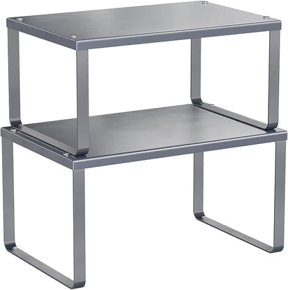 Simple Trending Cabinet Organizer Shelf, Set of 2 Kitchen Counter Shelves, Kitchen Storage, Stackable, Expandable, Metal Spice Rack for Cupboard, Bathroom, Desk, Pantry, Silver
