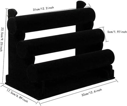3 Tier Velvet Jewelry Organizer Stand, Detachable Bracelet Holder, Gray and Black, 12.2 x 9.25 Inches (Black)