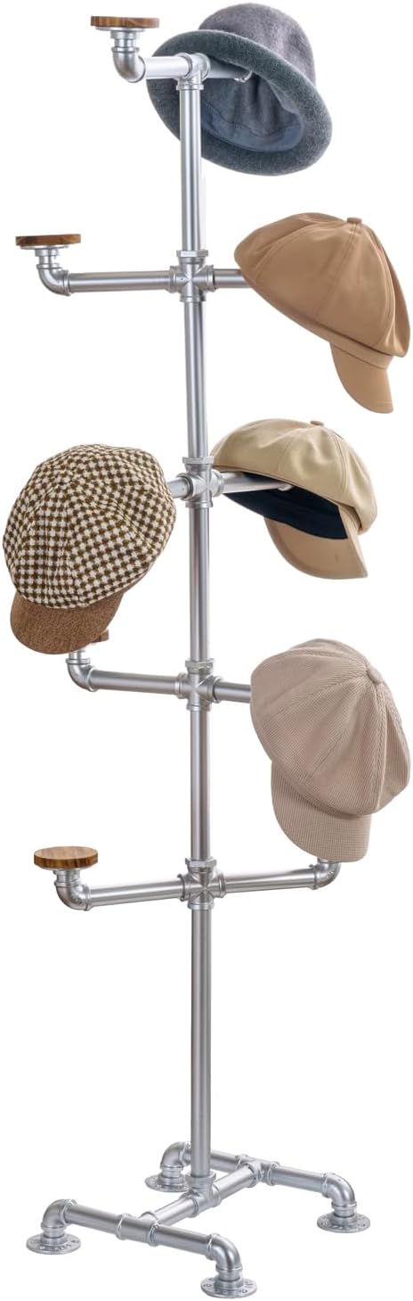 MyGift Hat Rack Stand, Cowboy Hat Tree with 10 Round Rustic Burnt Wood Hat Hangers, Industrial Metal Decorative Pipework Stand with Hooks for Hanging Hats or Wigs, Entryway, Bedroom, Silver Metal