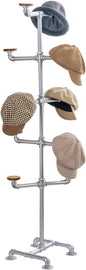 MyGift Hat Rack Stand, Cowboy Hat Tree with 10 Round Rustic Burnt Wood Hat Hangers, Industrial Metal Decorative Pipework Stand with Hooks for Hanging Hats or Wigs, Entryway, Bedroom, Silver Metal