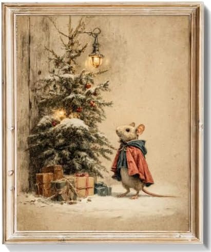 Vintage Christmas Mouse Canvas Wall Art Print, Cottagecore Farmhouse Xmas Wall Decor, Retro Rustic Winter Holiday Art Print, Aesthetic Cute Mouse Decor for Nursery Bedroom, 11" x 14" UNFRAMED by Home