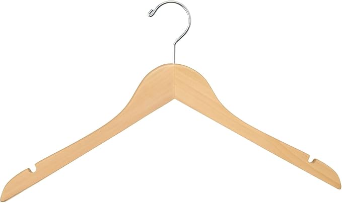 Econoco Flat Wooden Hangers with Chrome Hook, Deluxe Durable Natural Finish Blouse and Dress Hangers, No Bar, Pack of 100