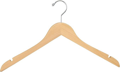 Econoco Flat Wooden Hangers with Chrome Hook, Deluxe Durable Natural Finish Blouse and Dress Hangers, No Bar, Pack of 100
