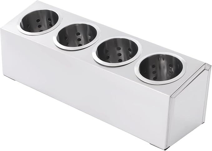 Commercial 4-Hole Stainless Steel Cylinder Flatware Silverware Utensil Holder Organizer Caddy, Detachable Countertop Utensil Dispenser for Forks Spoons Knives for Restaurant Kitchen Buffet