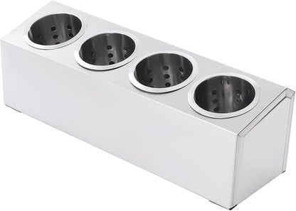 Commercial 4-Hole Stainless Steel Cylinder Flatware Silverware Utensil Holder Organizer Caddy, Detachable Countertop Utensil Dispenser for Forks Spoons Knives for Restaurant Kitchen Buffet