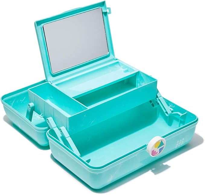 Caboodles On-The-Go Girl Makeup Box, Turquoise on Marble, Hard Plastic Makeup Organizer Box, Built-In Mirror, Secure Latch for Safe Travel, Spacious Storage for Large Items