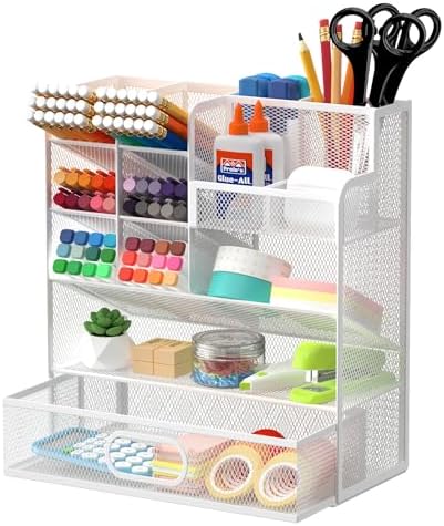 Mesh Pen Organizer for Desk, 13 Compartments with Drawer, White by Unknown