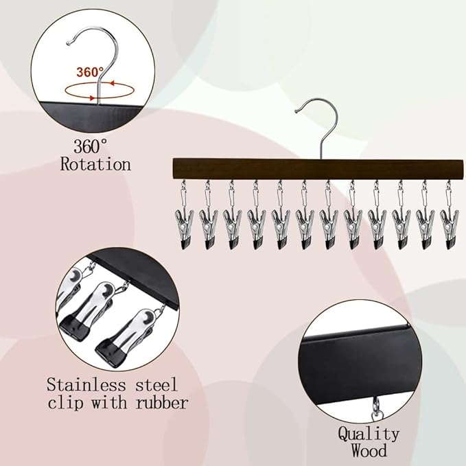 2 Pack Legging Organizer for Closet with 24 Rubber Coated Clips, Hanging Wooden Plants Organizer Hangers 360°Roatable Hook Space Saving for Jeans/Yoga Pants/Shorts/Skirts (Black)