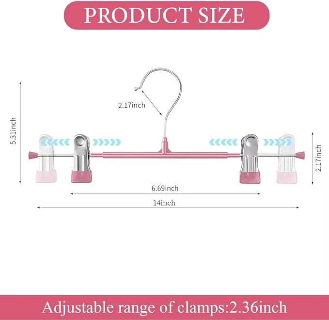 14Inch 50PACK Pants Hangers with Clips Adjustable Skirt Hangers for Women Metal Non-Slip Trousers Hanger Heavy Duty Space Saving Clothes Hanger for Shorts,Jeans,Pink