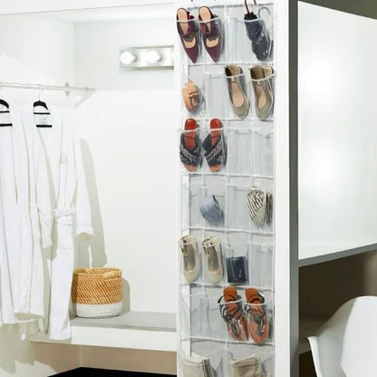 26-Pocket Over-The-Door Shoe Organizer - Clear PEVA Hanging Storage for Shoes & Accessories, Space-Saving with Metal Hooks (Fits All Doors, 24 Standard + 2 Large Pockets)