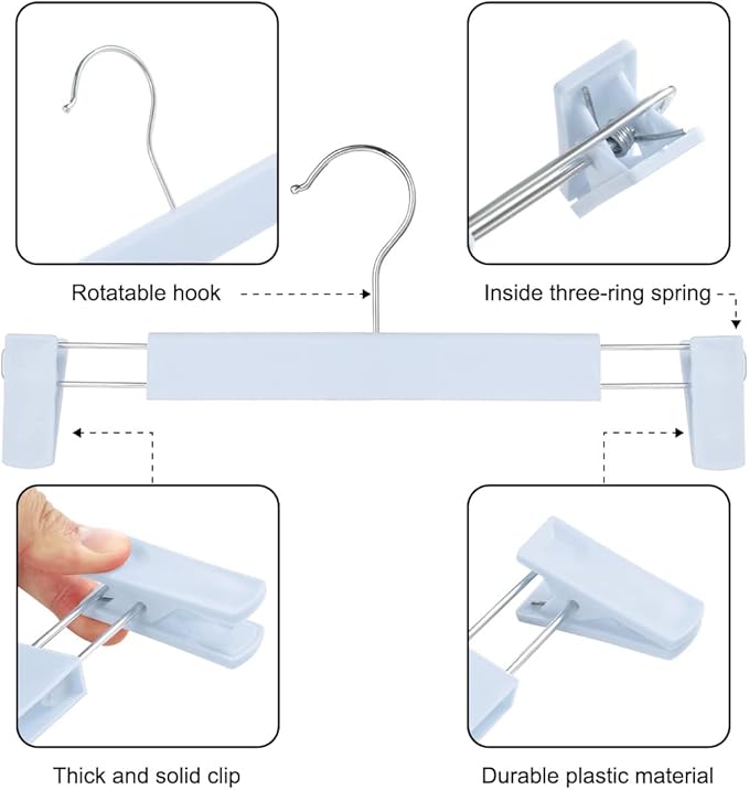 GUANJUNE Clothes Pants Hangers, Space-Saving Skirt Holders with 360 ° Swivel Hooks, Adjustable Clips, Trouser Hangers, Clothes Coat Garment Jeans Hangers (10 Pack, Blue)