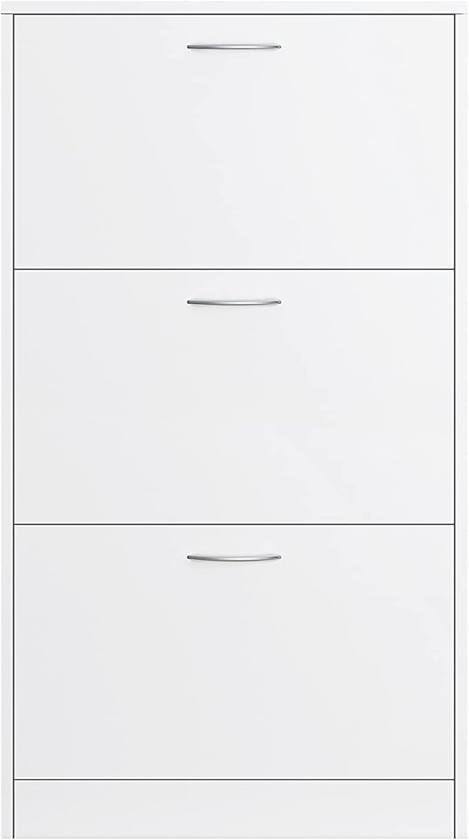 White Free Standing Shoe Cabinet, Entryway Narrow 3-Tier Shoe Storage Organizer with Flip Drawers