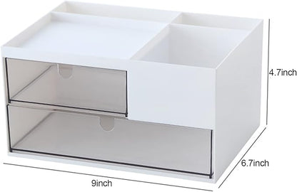 MILULUGO Makeup Organizer with 2 Drawers, Desk Organizer, 4 Compartments, Cosmetics Storage Box for nail polish,Lipstick, Brushes, Jewelry, Skincare, Bathroom Organization Boxes - White