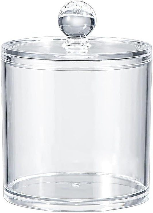 Acrylic Makeup Organizer Cosmetic Storage Display Case Makeup Brush Cotton Ball Pads Swab Q-tip Holder Lipstick Dispenser Canister Bathroom Container (3.7x3.7x3.9in, 1 Box, Clear)